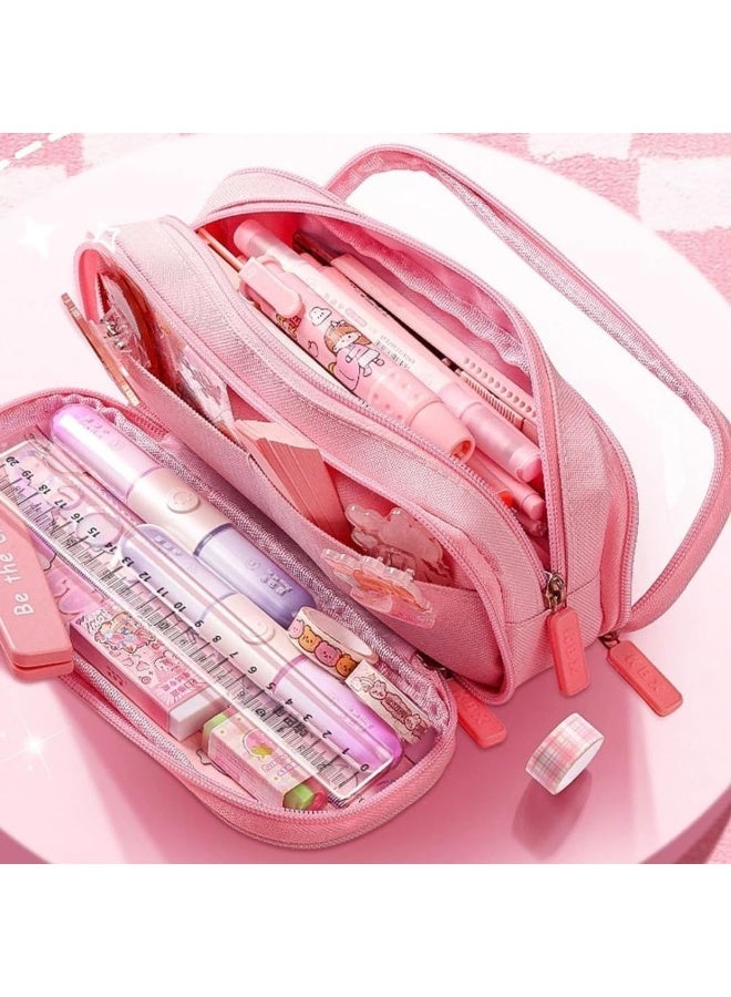 Large capacity transparent fabric pencil case with cute cartoon print and three compartments for organizing stationery, multi-functional with a durable zipper design (cute rabbit pattern) - Image 2